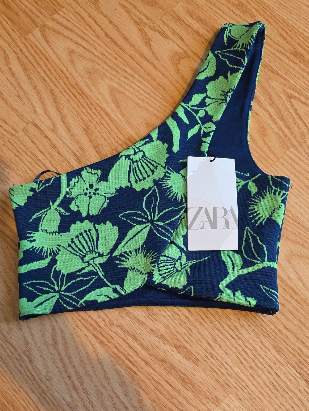 ZARA Jacquard Green Blue Floral fitted One shoulder Crop Top